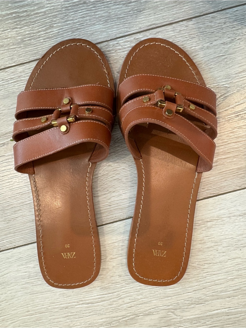Zara Tan Leather Slide Sandals with Gold Accents - Picture 2 of 2